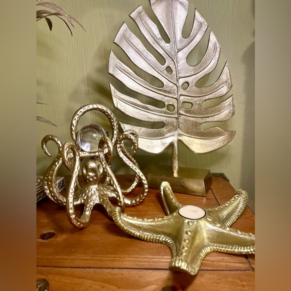 NEW LARGE Metal Brass Monstera Leaf Sculpture COASTAL NAUTICAL BEACH HOME DECOR - Picture 3 of 17